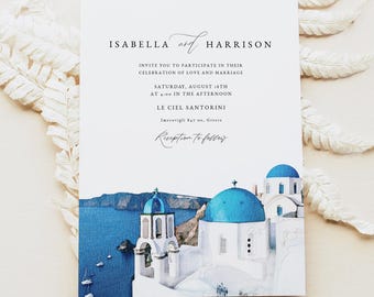 SANTORINI Wedding Invitation Template, Santorini Wedding Invite, Greek Wedding Invitation, Greece Wedding Watercolor Skyline Photo Evite DIY