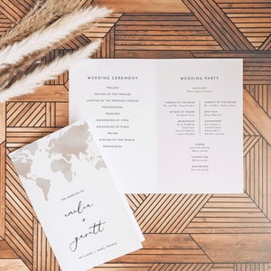 Folded Destination Wedding Program Template, Travel Wedding Order of Service, Adventure Wedding Ceremony Timeline, World Map Wedding CARMEN image 2