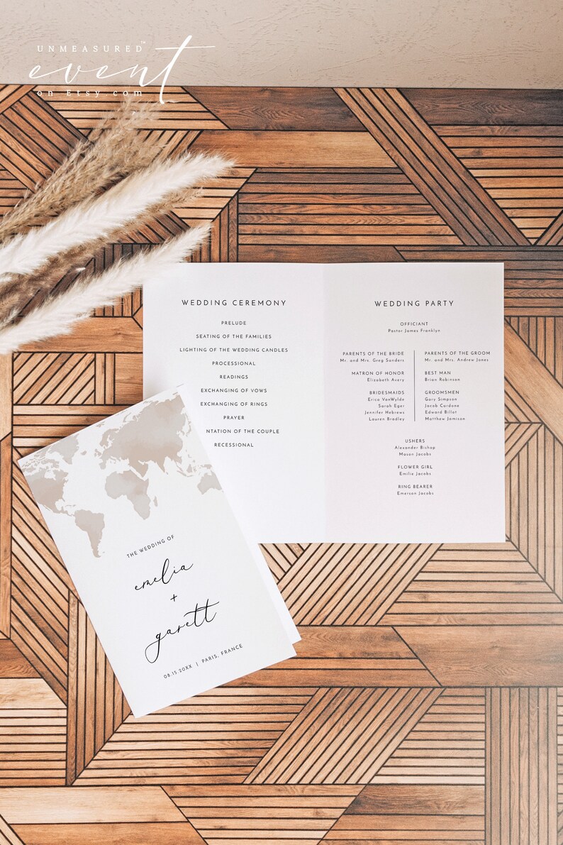 Folded Destination Wedding Program Template, Travel Wedding Order of Service, Adventure Wedding Ceremony Timeline, World Map Wedding CARMEN image 2