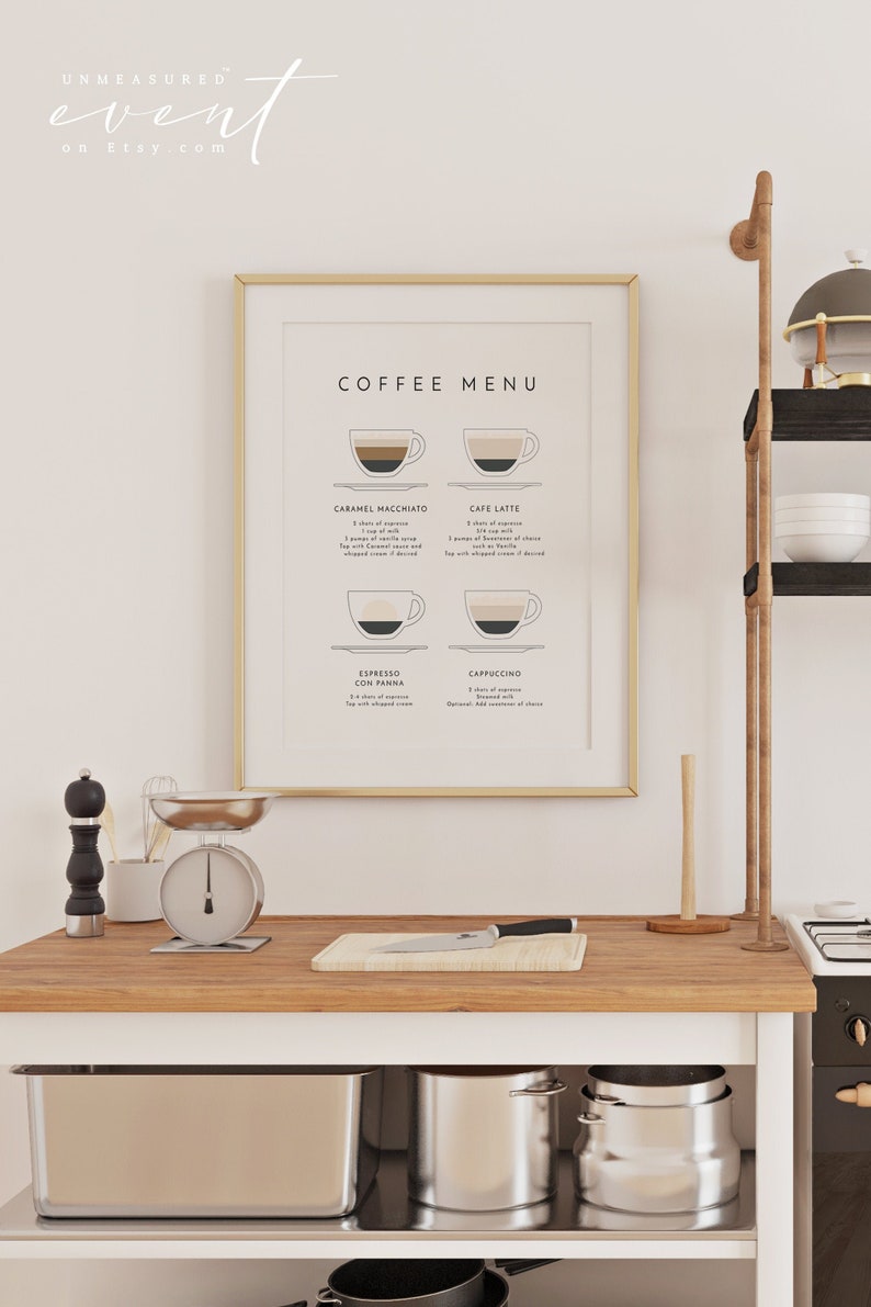 May include: A printable coffee menu with illustrations of different coffee drinks, including caramel macchiato, cafe latte, espresso con panna, and cappuccino. The menu is printed on white paper and framed in a gold frame.