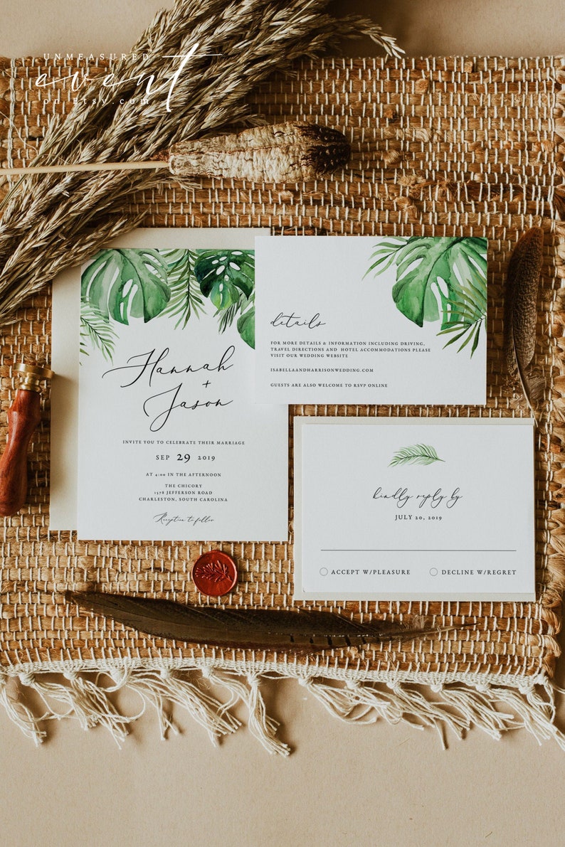 Tropical Wedding Invitation Template Suite, Palm Wedding Invitation Printable Set, Beach Wedding Invitation, Destination Island Luau CORA image 3