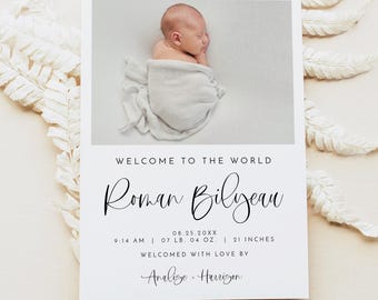 May include: A white card with black text announcing the birth of Roman Bilgean. The card includes the baby's birth date, time, weight, and length. The text "Welcomed with love by Analise + Harrison" is also included.