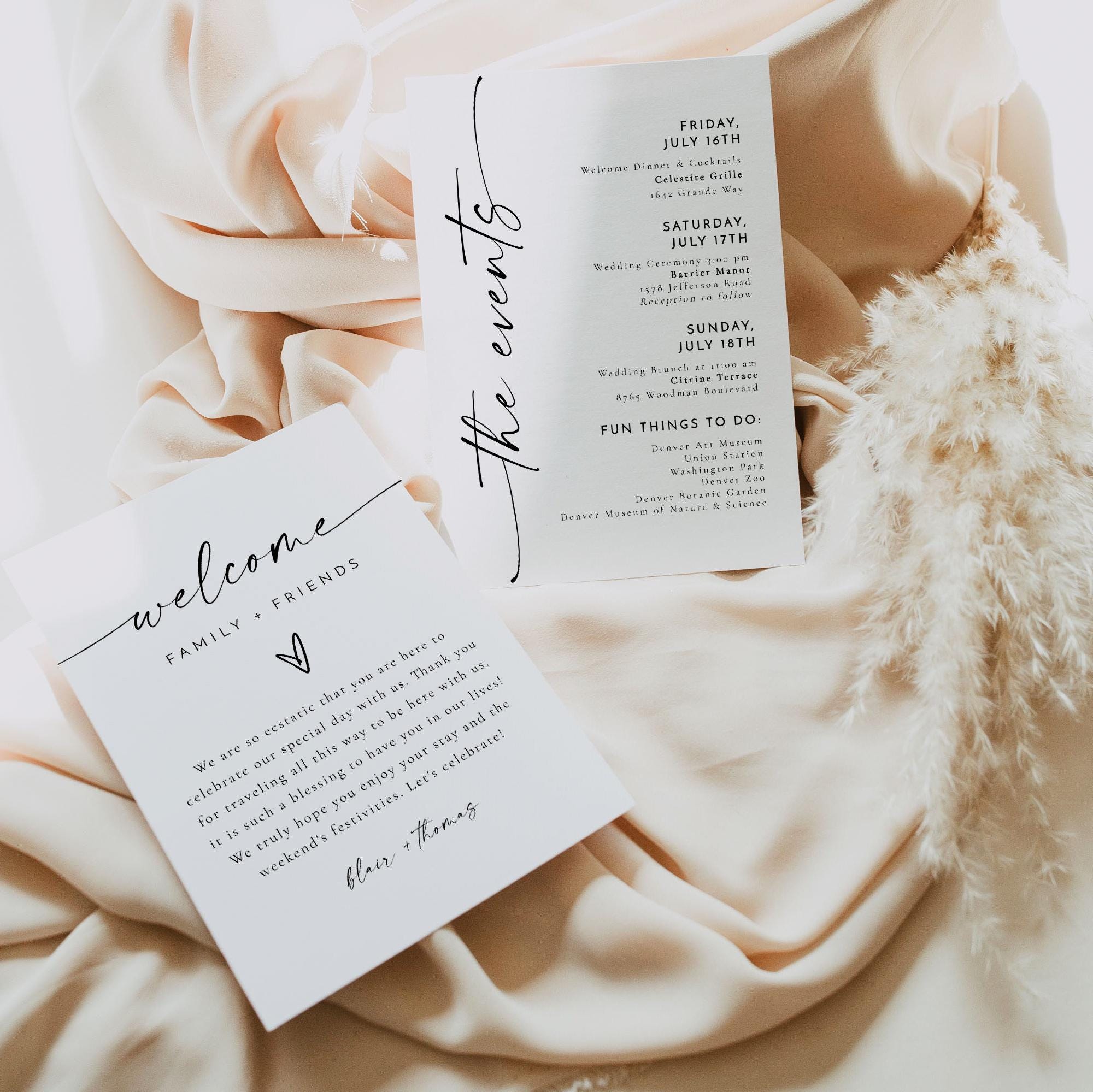Minimalist Wedding Events Card Template, Wedding Welcome Bag Note ...