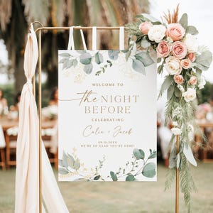 Elegant greenery and gold the night before wedding rehearsal dinner welcome sign printed and shipped