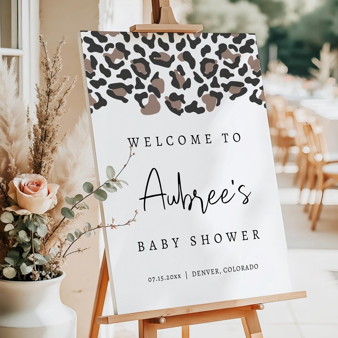 AUBREE PRINTED + SHIPPED Leopard Print Baby Shower Welcome Sign, Animal ...