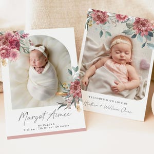 Dusty Rose Birth Announcement Template, Girl Birth Announcement, Photo Newborn Card, Mauve Baby Stats Card, New Baby Announcement MARGOT