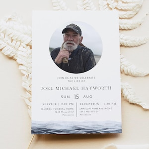 May include: A memorial invitation with a portrait of a man in a circle. The text reads "Join us as we celebrate the life of Joel Michael Hayworth" with service and reception details.