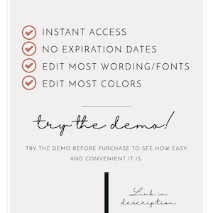 May include: A graphic with a pink circle containing the text "unmeasured events" and a list of features: Instant Access, No Expiration Dates, Edit Most Wording/Fonts, Edit Most Colors. The graphic also includes the text "try the demo!" and "Try the demo before purchase to see how easy and convenient it is." with an arrow pointing down to the text "Link in description".