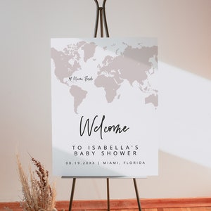 QUINN Adventure Baby Shower Welcome Sign Template, Printable World Map Welcome Poster Instant Download, Blush Map Destination Baby Shower