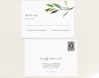 Plantilla de tarjeta RSVP con vegetación minimalista, plantilla de tarjeta RSVP verde, postal RSVP de boda, postal RSVP imprimible, respuesta de boda