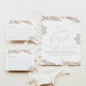 May include: Two white cards with brown floral borders and the text "Dear Parker" and "with love."  A larger white card with brown floral borders and the text "Time Capsule" and "To be opened when Parker turns 18 in 2027".  The card also includes the text "Please write a message for Parker, make a prediction or share your hopes and wishes. Don't forget to sign your name!"