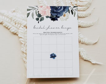 CADENCE Bridal Shower Bingo Game Template, Blush and Navy Floral Bridal Shower Games Instant Download, Blue and Pink Flowers Bridal Games