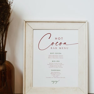 BLAIR Festive Red and Green Modern Christmas Hot Cocoa Bar Menu Sign Printable Template in a rustic white wood frame