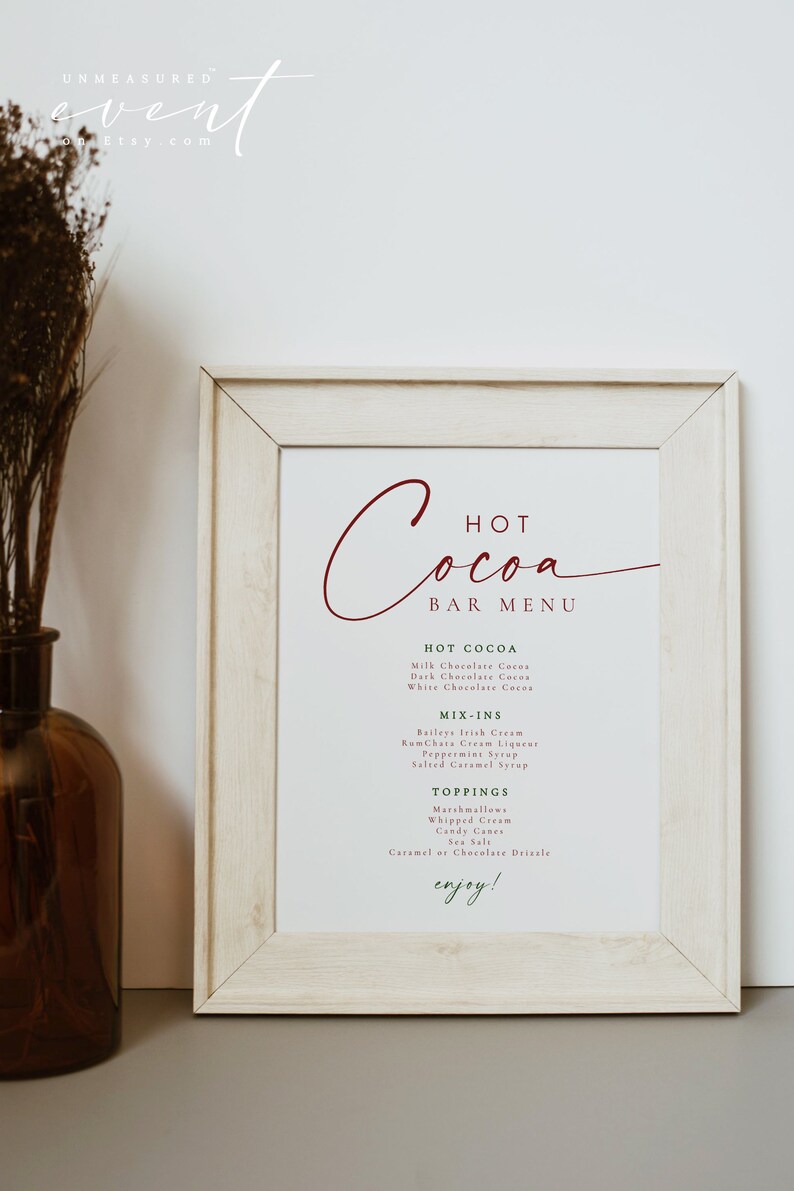 BLAIR Festive Red and Green Modern Christmas Hot Cocoa Bar Menu Sign Printable Template in a rustic white wood frame