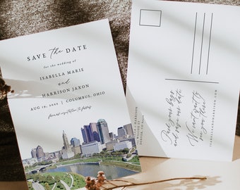 COLUMBUS Watercolor Save the Date Template, Ohio Save the Date Postcard Printable, Columbus Skyline Save the Date Invitation Instant DIY