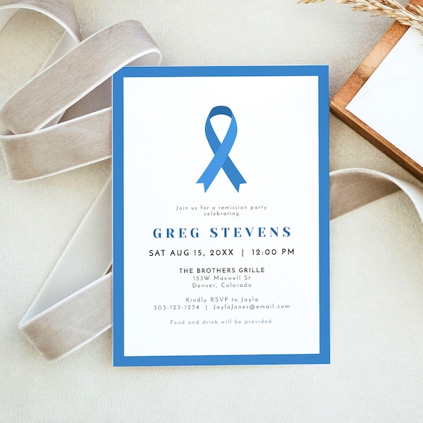 Cancer Remission Invitation Template, Colon Cancer Remission Party Instant Download Printable, Dark Blue Cancer Ribbon Instant Editable