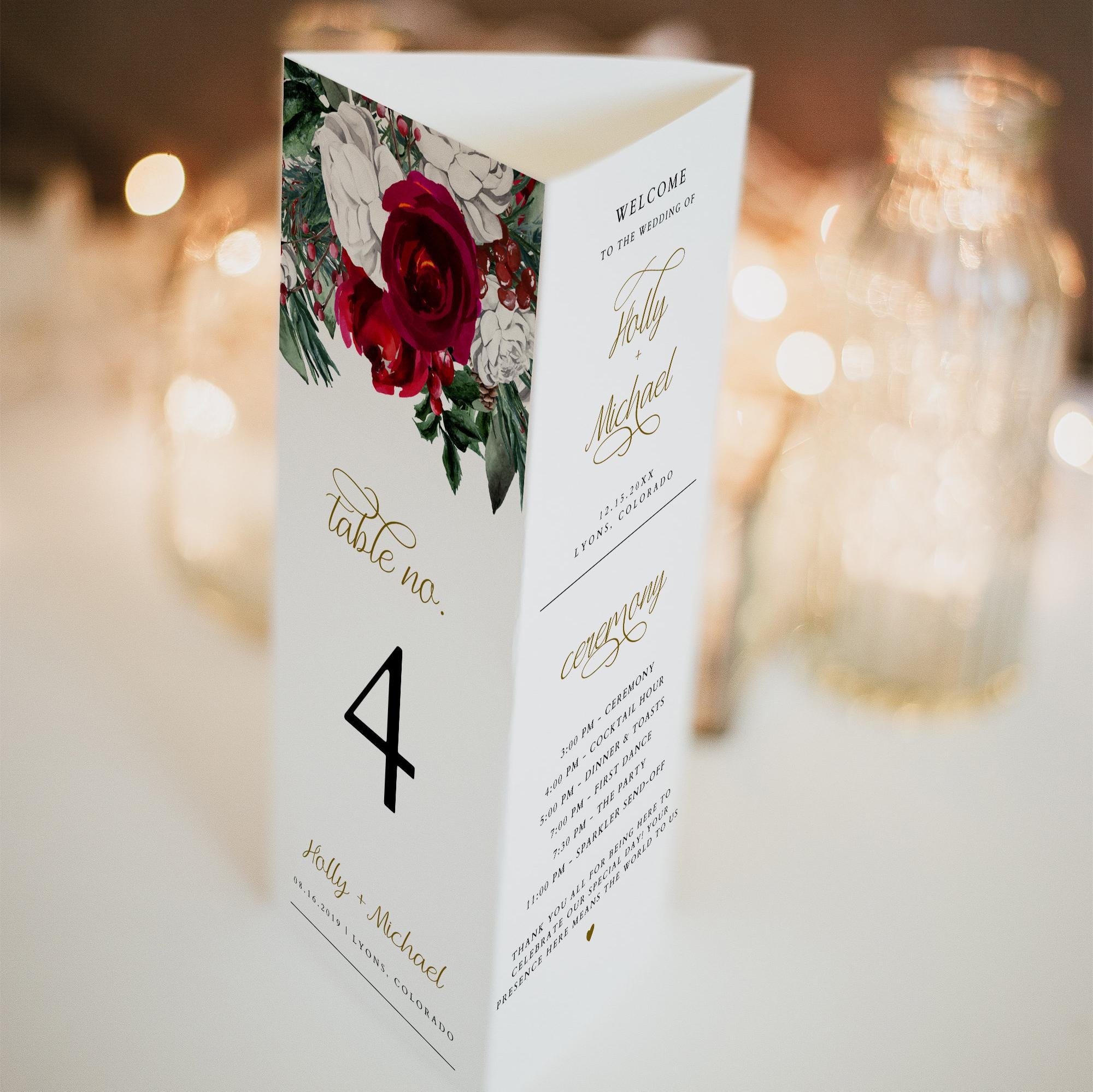Burgundy Floral Wedding Triangle Table Number Template, Winter Wedding ...