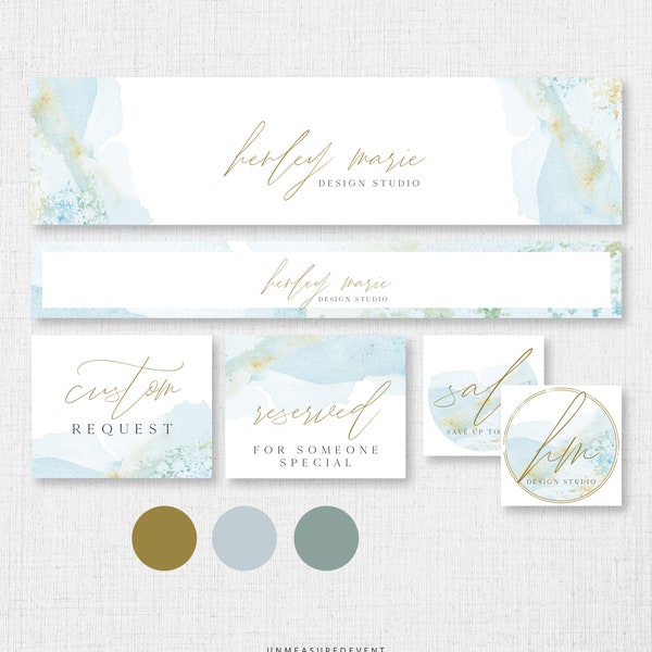 Conjunto de banners de Etsy GEMMA Ocean, plantillas de marca de Etsy con acuarela, banner de tienda de Etsy, banner de Etsy de playa, kit de banner de Etsy con diseño de mar azul para sitio web.