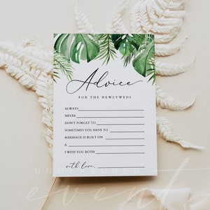 Plantilla de tarjeta de consejos para los novios, tarjeta de consejos tropicales para bodas, tarjeta de consejos para despedidas de soltera con palmeras, tarjeta de consejos para la playa imprimible CORA