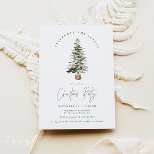 Minimalist Christmas Party Invitation Template, Modern Watercolor Christmas Tree Invite Printable, Boho Holiday Dinner Evite HARLOW