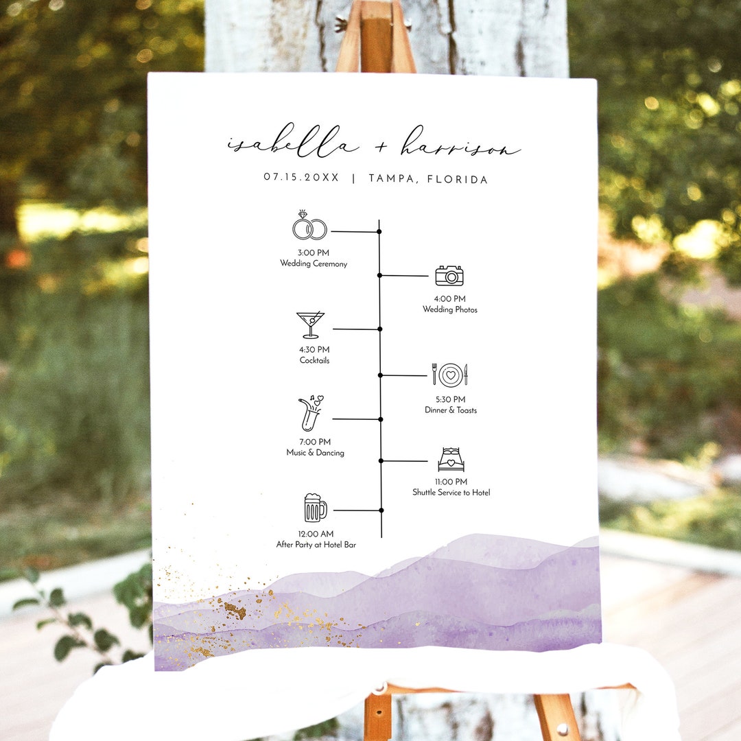 EVERLY Wedding Timeline Sign Template, Purple Watercolor Welcome ...