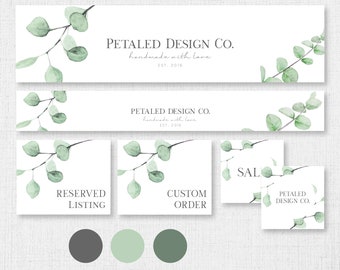 MAE Greenery Etsy Branding Kit Templates, Watercolor Eucalyptus Website Graphics Instant Download, Shopify Website Banner DIY Editable
