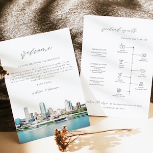Modelo de carta de boas-vindas para casamento em MILWAUKEE, cronograma de casamento para impressão em Milwaukee Skyline, cronograma de casamento no destino, ordem de eventos faça você mesmo