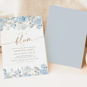 PRINTED + SHIPPED Baby in Bloom Invitation, Blue Watercolor Floral Baby Shower Invitation, Spring Baby Shower Invite FLEUR image 3