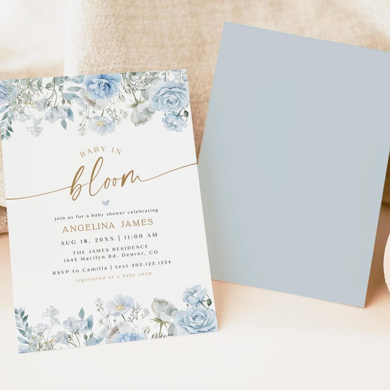 PRINTED + SHIPPED Baby in Bloom Invitation, Blue Watercolor Floral Baby Shower Invitation, Spring Baby Shower Invite FLEUR image 3