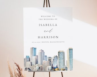 BOSTON Wedding Welcome Sign Template, Boston City Skyline Wedding Welcome Poster Printable, Travel Destination Themed Wedding Event Signage