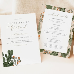 May include: A white card with a cactus design and the text "bachelorette weekend" in gold script. The card includes details for a bachelorette weekend in Palm Springs, California. A second card with a cactus design lists the weekend events, including massages, facials, dinner, dancing, and a farewell brunch.
