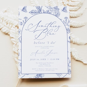 AURELIA Something Blue Before I Do Bridal Shower Invitation, Chinoiserie Floral Bridal Shower Invite, Vintage Dusty Blue Bridal Shower