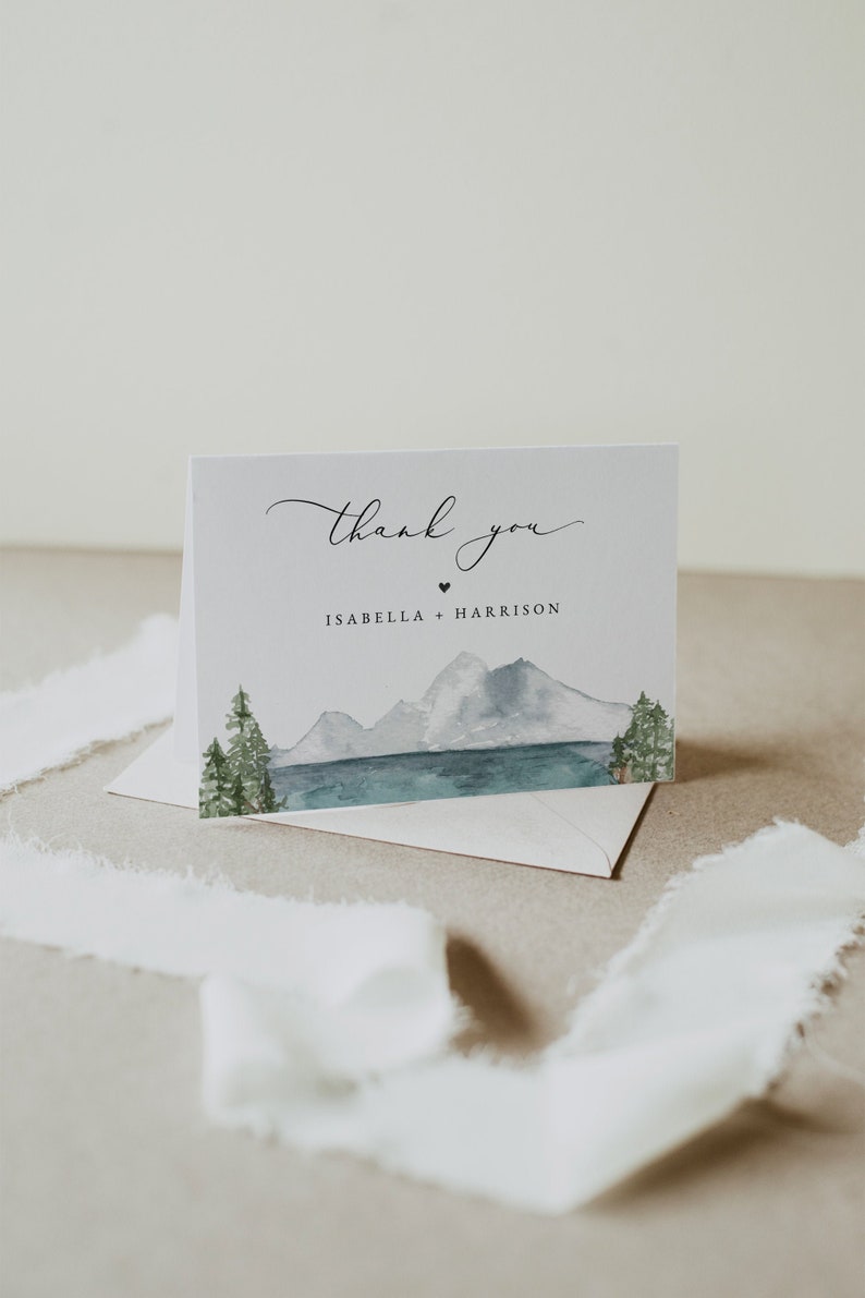Modèle de carte de remerciement montagne trèfle, carte de remerciement mariage lac montagne, cartes de remerciement Boho, cartes de remerciement mariage Boho image 1