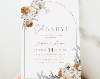 BOHEME Terracotta Baby Shower Invitation Template, Fall Baby Shower Invite, Autumn Baby Shower Invitation, Bohemian Baby Shower, Arch Floral