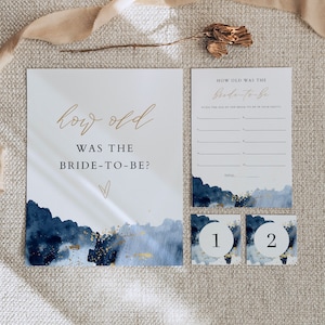STELLA How Old Was the Bride to Be Game, Navy Blue and Gold Bridal Shower Games Printable, Guess How Old Game Card Sign and Tags Instant DIY