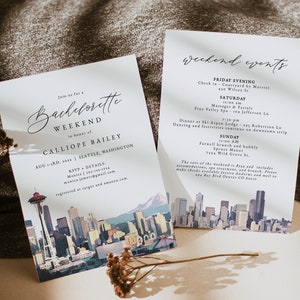 SEATTLE Bachelorette Invitation and Itinerary Template, Watercolor Seattle Bachelorette Weekend Invite, Washington Bachelorette Party Evite
