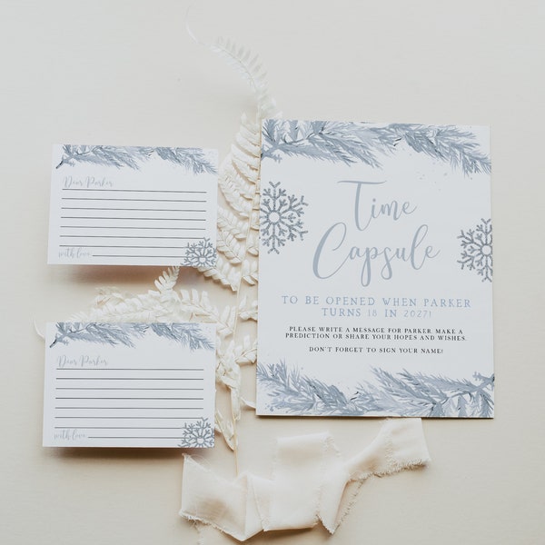 RORY Time Capsule Template, Time Capsule First Birthday, Time Capsule Baby Shower, Time Capsule Cards, Blue Winter OnderLand Snow Pine Boy