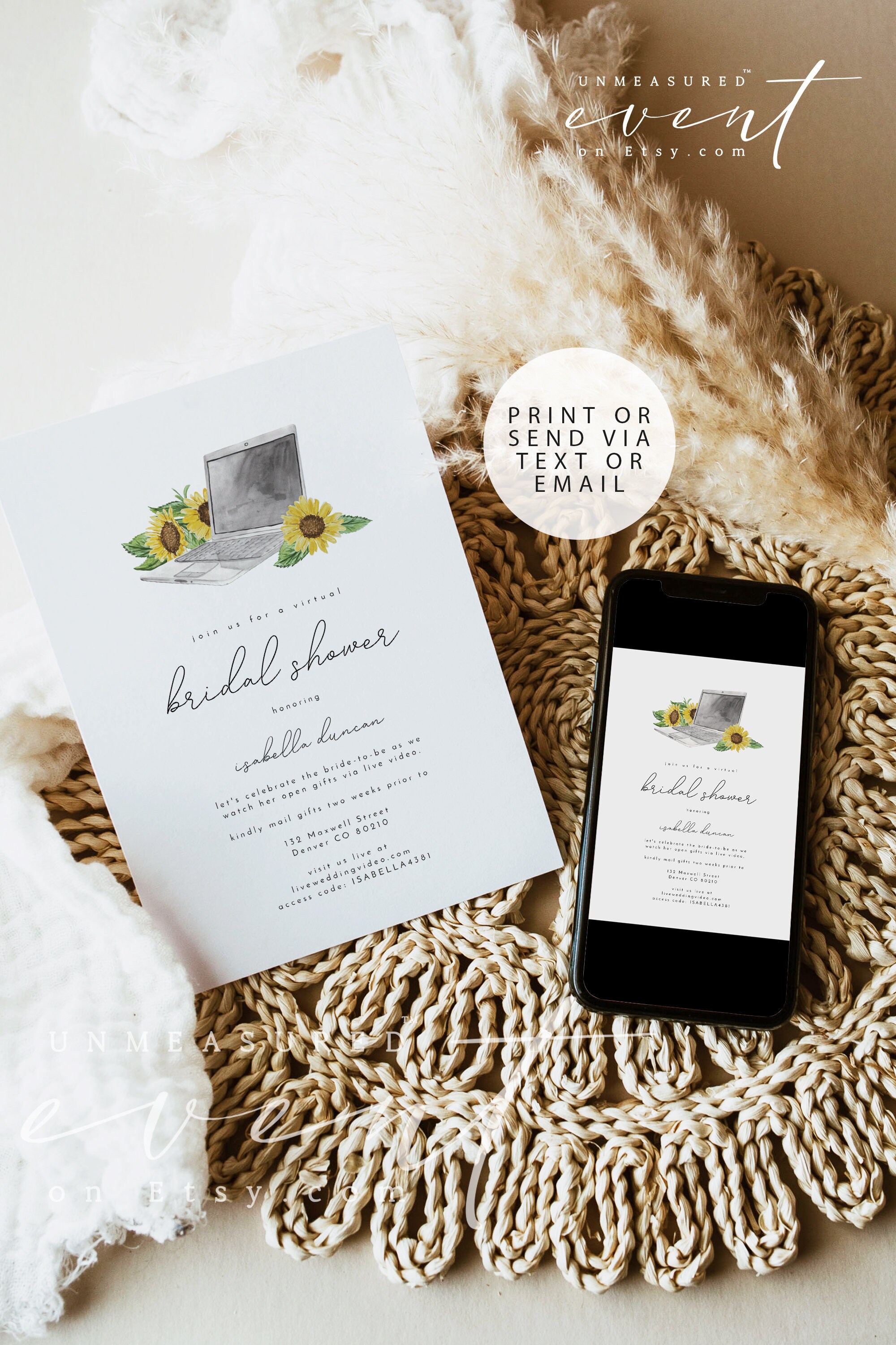 EMMA Sunflower Virtual Bridal Shower Invitation Template Zoom Etsy