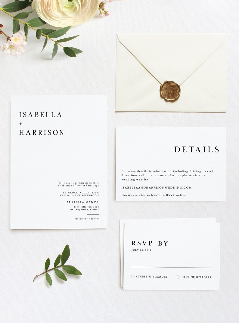 Modern Wedding Invitation Suite Templett Set Harper Minimalist Wedding Invitation Template Set Black and White Wedding Invitation