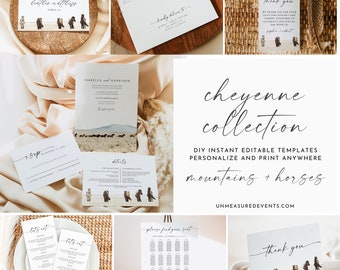 CHEYENNE Wedding Invitation Bundle, Horse Wedding Invitation Set, Mountain Wedding Invite Kit, Instant Download Editable Wedding Templates