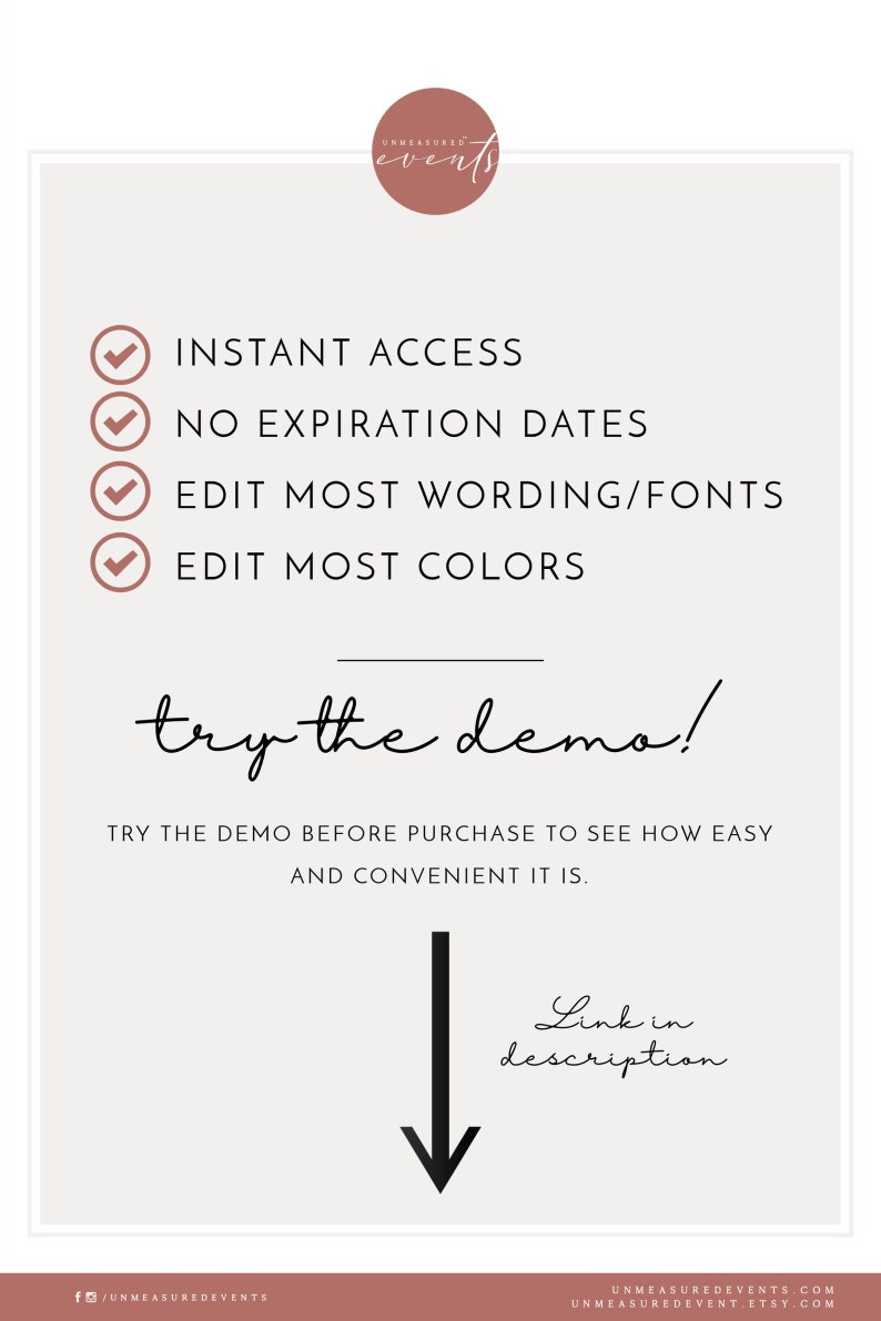 Op de afbeelding: Een afbeelding met een roze cirkel met de tekst "unmeasured events" en een lijst met functies: Direct toegang, Geen vervaldatum, De meeste tekst/lettertypen bewerken, De meeste kleuren bewerken. De afbeelding bevat ook de tekst "try the demo!" en "Probeer de demo voordat je koopt om te zien hoe gemakkelijk en handig het is." met een pijl die naar beneden wijst naar de tekst "Link in description".