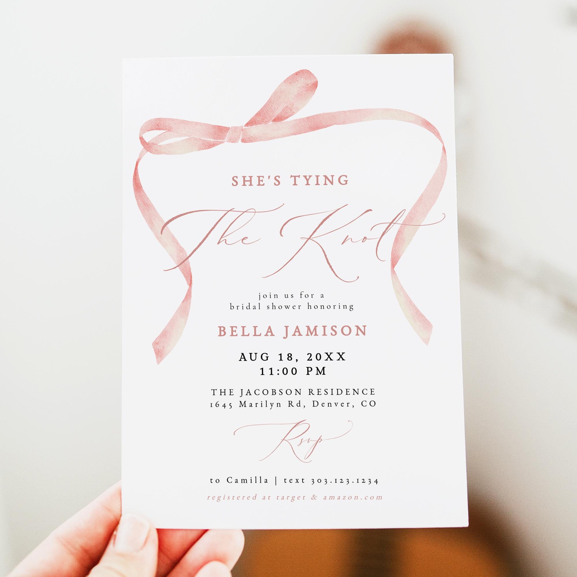 BELLA She's Tying the Knot Bridal Shower Invitation Template, Pink Bow ...