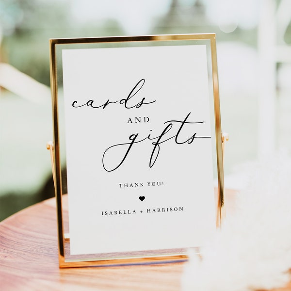 EVELYN Minimalistische Karten und Geschenke Schild Druckbares, Elegantes Geschenk Tischschild, moderne Skriptkarten und Geschenke Schild Vorlage