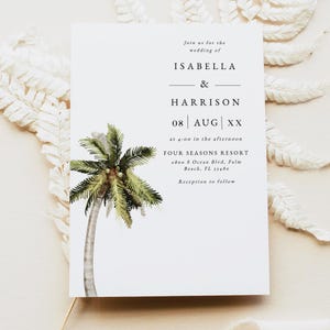 Palm Tree Wedding Invitation Template, Minimal Tropical Wedding Invitation Printable, Beach Wedding Invitation, Island Wedding Evite - MONA