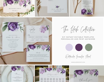 LILA paarse bruiloft bundel, paarse bruiloft uitnodiging, lavendel bruiloft uitnodiging, afdrukbare bruiloft set, trouwsuite, tuin lila bloemen DIY