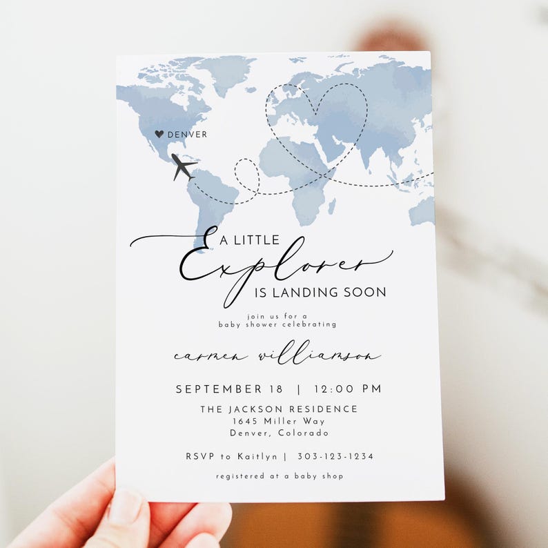 Szablon zaproszenia na baby shower CARMEN Adventure, Wkrótce przylot Little Explorer, Zaproszenie na baby shower z niebieską mapą, Motyw podróży na baby shower dla dziewczynek zdjęcie 6