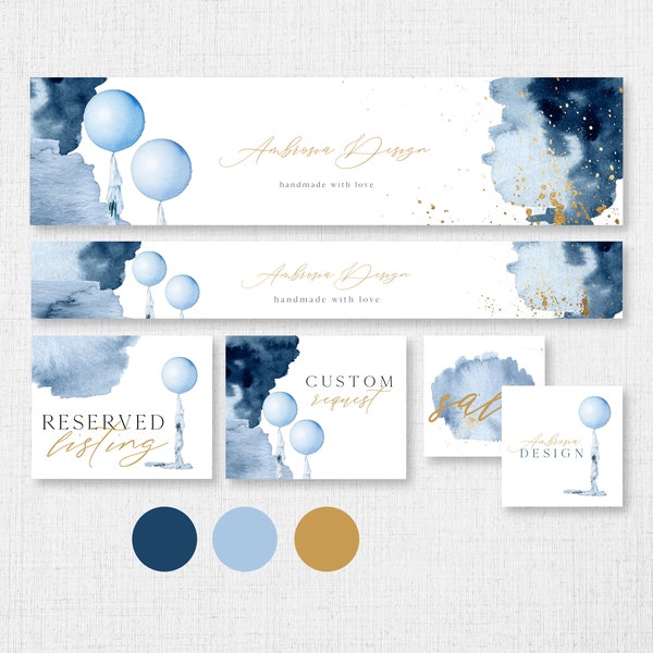 STELLA Aquarell Ballon Etsy Shop Banner Grafik Set Vorlagen, Blauer Ballon Etsy Branding Kit, Party Motto Etsy Shop Logos Instant DIY