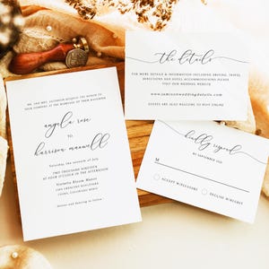 May include: Wedding invitation suite with white cardstock and black calligraphy. The invitation card features the couple's names, wedding date, time, and location. The details card includes the wedding website and RSVP information. The RSVP card has a line for the guest's name and two options: accept with pleasure or decline with regret.