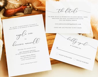 Plantilla de invitación de boda minimalista, conjunto de invitación de boda clásica, imprimible, elegante fuente cursiva, invitación de boda - ASHER