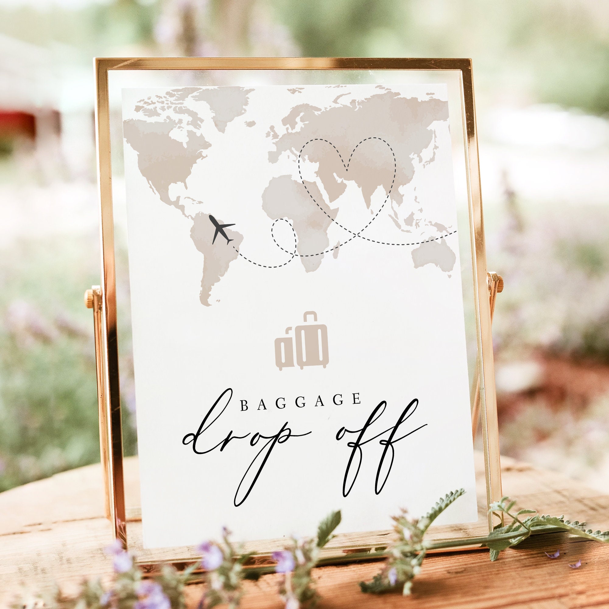 CARMEN PRINTED + SHIPPED Baggage Drop Off Sign, 8x10" Airplane Baby Shower Coat Check Sign, Destination Travel Theme Birthday Table Sign Map